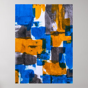 Blauwe, oranje en grijze abstracte kunst poster