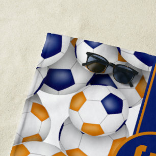 Blauwe oranje meisjes jongens voetbal team kleuren strandlaken