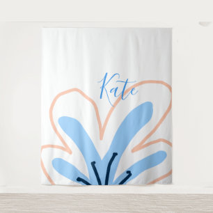 Blauwe oranje pastel bloem voeg naam boho retro ca wandkleed