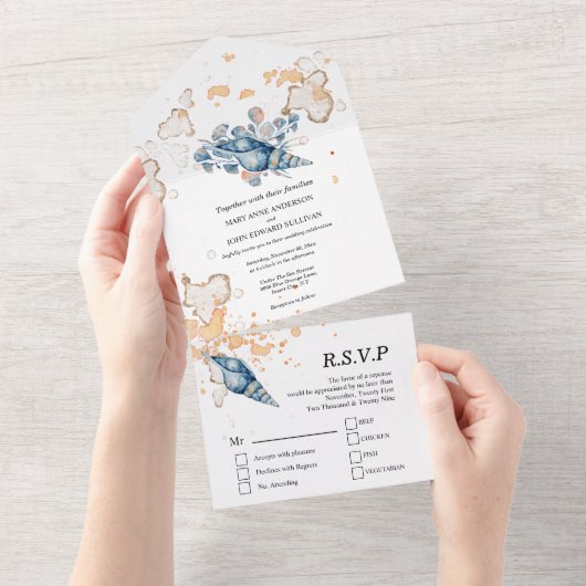 Blauwe oranje zeebodem waterverf tropisch eiland all in one uitnodiging (Afscheurbaar)