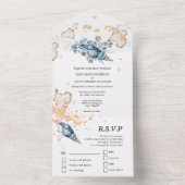 Blauwe oranje zeebodem waterverf tropisch eiland all in one uitnodiging (Binnen)