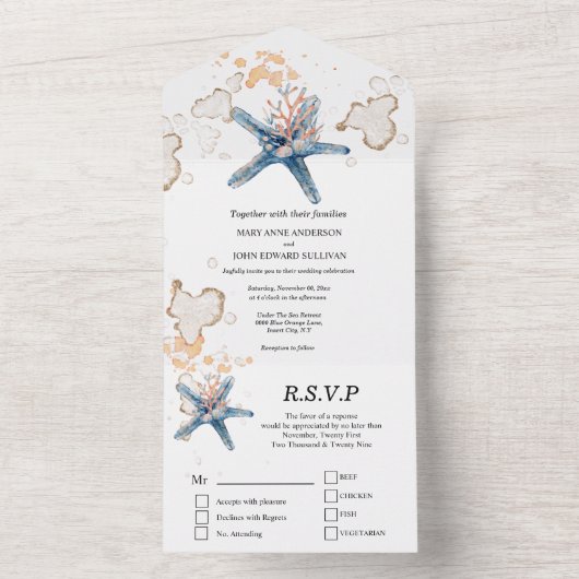 Blauwe oranje zeekoraaloceaan all in one uitnodiging (Binnen)