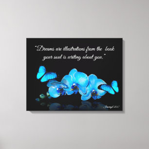Blauwe Orchideeën en vlinders met citaat Canvas Afdruk