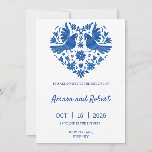 BLAUWE OTOMI MEXICAANSE HART UITNODIGING (Voorkant)