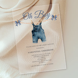 Blauwe Overall Oh Jongen Baby Shower Acryl Uitnodigingen