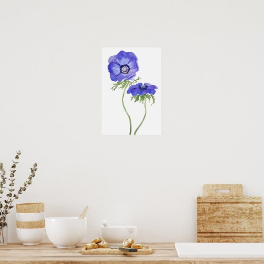 blauwe paarse anemonbloemen waterverf poster (Keuken)