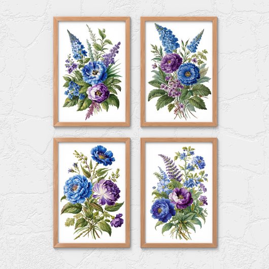 Blauwe Paarse Antiek bloemen Muurkunst Sets
