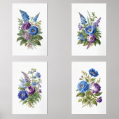 Blauwe Paarse Antiek bloemen Muurkunst Sets (Voorkant)