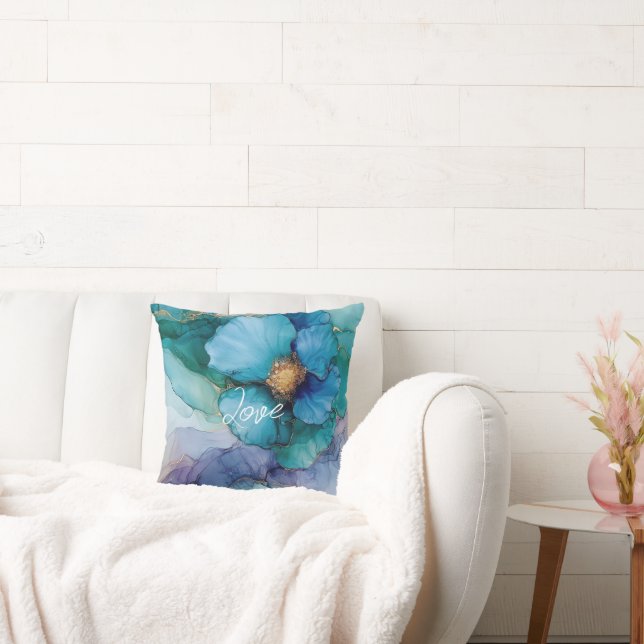  Blauwe Paarse Aqua Gold Bloemen Kussen (Bank)