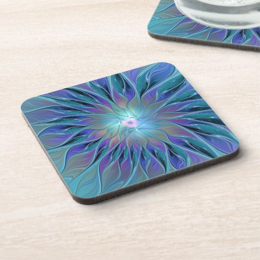 Blauwe Paarse bloem Abstracte fractale kunst Bier Onderzetter (Linkerzijde)