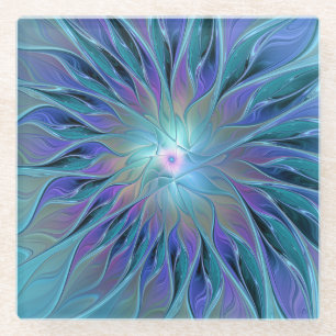 Blauwe Paarse bloem Abstracte fractale kunst Glazen Onderzetter