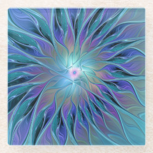 Blauwe Paarse bloem Abstracte fractale kunst Glazen Onderzetter