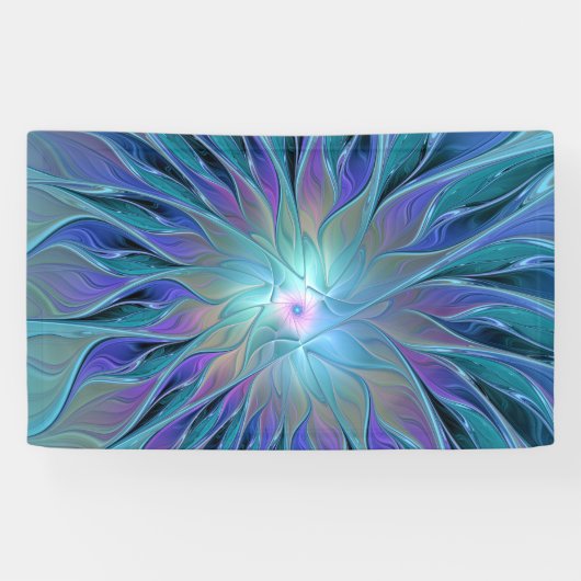 Blauwe Paarse bloem Abstracte fractale kunst Spandoek (Horizontaal)