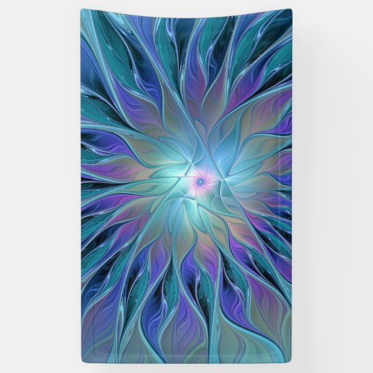 Blauwe Paarse bloem Abstracte fractale kunst Spandoek (Verticaal)