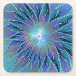 Blauwe Paarse bloem Abstracte fractale kunst Vierkante Kartonnen Onderzetter