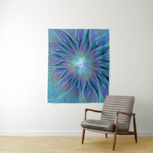 Blauwe Paarse bloem Abstracte fractale kunst Wandkleed