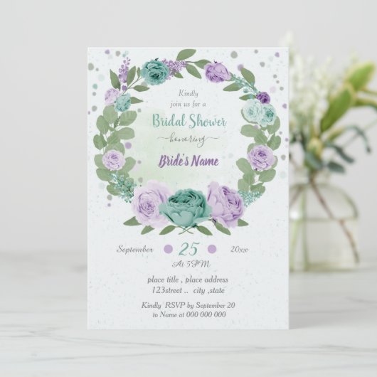 blauwe paarse bloemen groenblauw vrijgezellenfeest kaart (Staand voorkant)