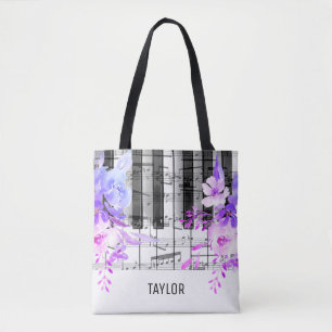 blauwe paarse bloemen muzieknoten piano draagtas