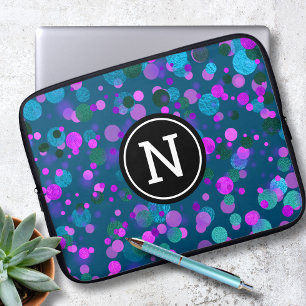 Blauwe paarse confetti glitter stippen monogram op laptop sleeve