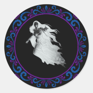 Blauwe Paarse dame in White Ghost Halloween Ronde Sticker