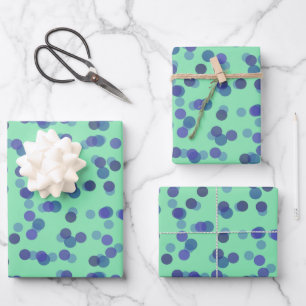 blauwe, paarse en licht turquoise polka stippen inpakpapier vel