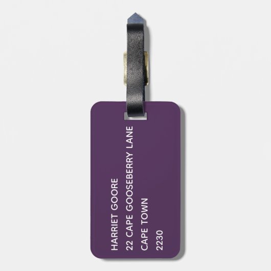 Blauwe paarse kleurennaam bagagelabel (Achterkant verticaal)
