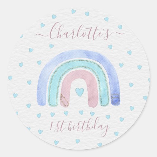 Blauwe Paarse pasteelregenboog eerste verjaardag Ronde Sticker (Voorkant)