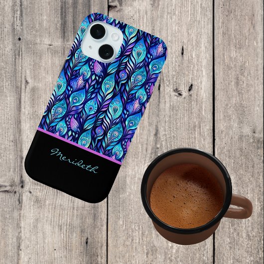 Blauwe Paarse pauwenveren op zwart monogram Case-Mate iPhone Case