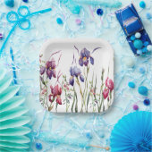 Blauwe Paarse roze Iris Flowers Waterverf Garden Papieren Bordje (Feest)