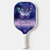 Blauwe Paarse Vlinder en Glitter Monogram Naam Pickleball Paddle (Voorkant)