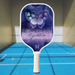 Blauwe Paarse Vlinder en Glitter Monogram Naam Pickleball Paddle