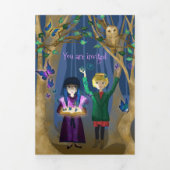 Blauwe, Paarse vlinders, uilen, betoverd bos Drieluik Uitnodiging (Cover)