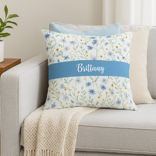 Blauwe Paarse Waterverf Wildflower Monogram Naam Kussen