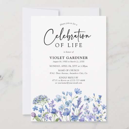 Blauwe & Paarse Wilde Bloem Levensviering Kaart (Voorkant)