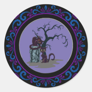Blauwe Paarse zwarte katten Tombstone Tree Hallowe Ronde Sticker