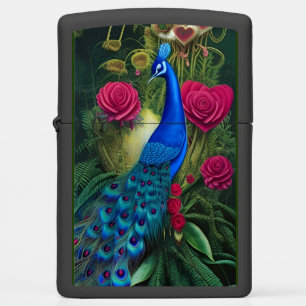 Blauwe pacock in roze Roos tuin