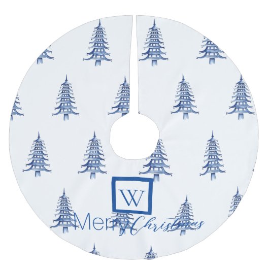 Blauwe pagode kerstboom monogram patroon kerstboom rok (Voorkant)