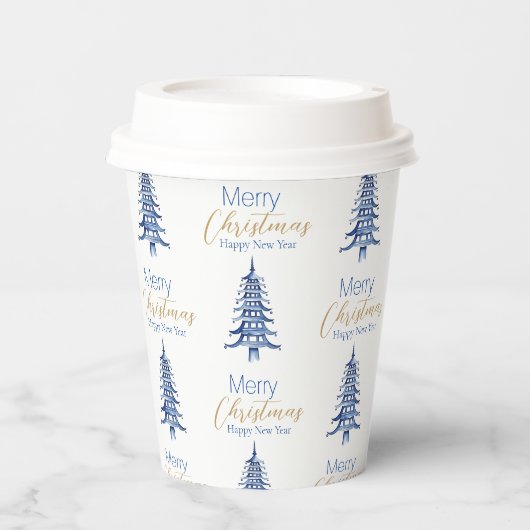 Blauwe pagode kerstboom patroon papieren bekers (Voorkant)