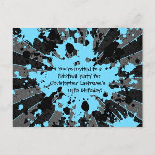 Blauwe paintball verjaardag uitnodiging briefkaart