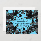 Blauwe paintball verjaardag uitnodiging briefkaart (Voorkant / Achterkant)