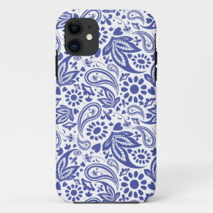 Blauwe Paisley Bloemen en Harten Patroon op Wit iPhone 11 Hoesje