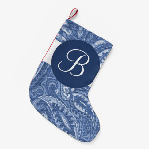 Blauwe paisley monogram kerstkous kleine kerstsok
