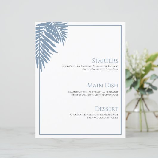 Blauwe Palm Bruiloft Menu Kaart 8 1/2" X 11" (Staand voorkant)