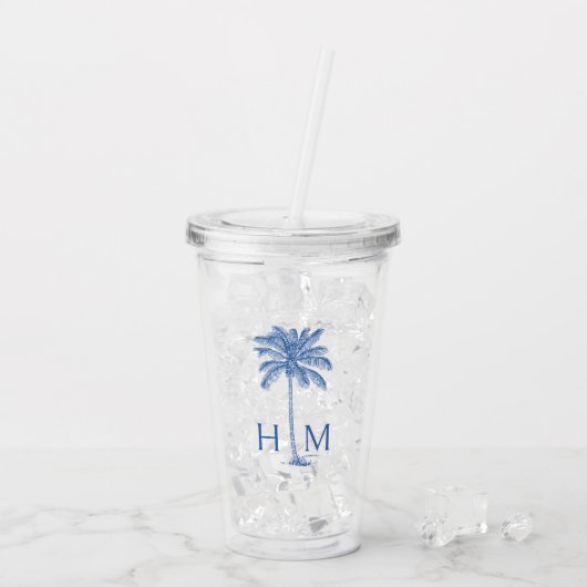 Blauwe palm palmboom monogram acryl drinkbeker (Achterkant ijs)