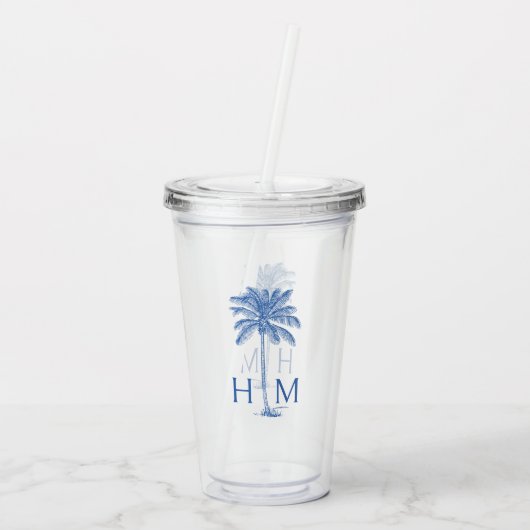 Blauwe palm palmboom monogram acryl drinkbeker (Achterkant)