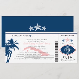 Blauwe Palm Tree Roze Cuba Boarding Pass bruiloft Kaart