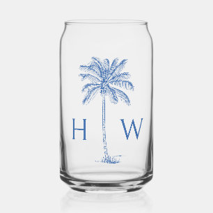 Blauwe palmboom monogram blikvorm glas