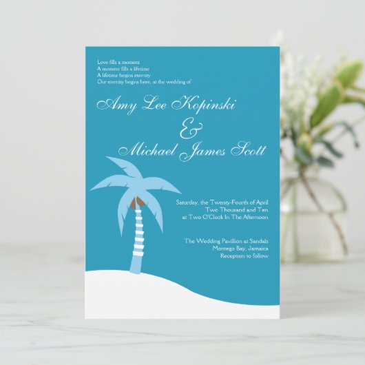 BLAUWE PALMTREE CARIBBEAN DESTINATION WEDING KAART (Staand voorkant)