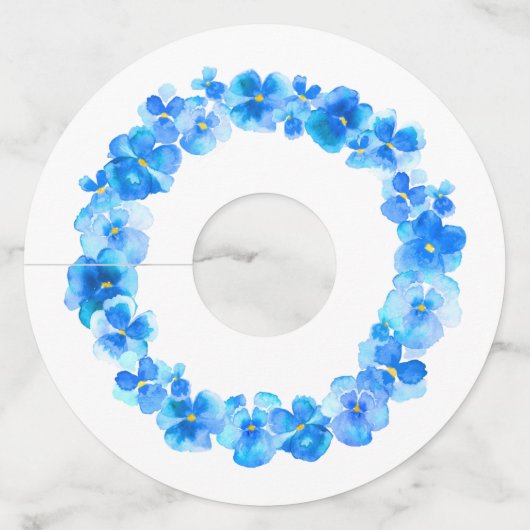 Blauwe panty waterverf kunst bloem bruiloft evenem wijnglaslabel (Voorkant)