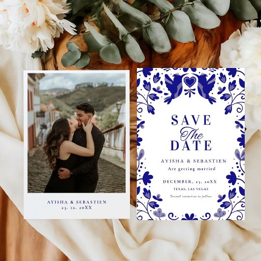 Blauwe Papel Picado geïnspireerde bruiloft Save The Date